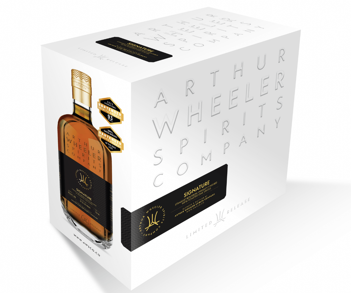 The packaging of Signature Straight Bourbon Whiskey Finished with Toasted Oak Stave 